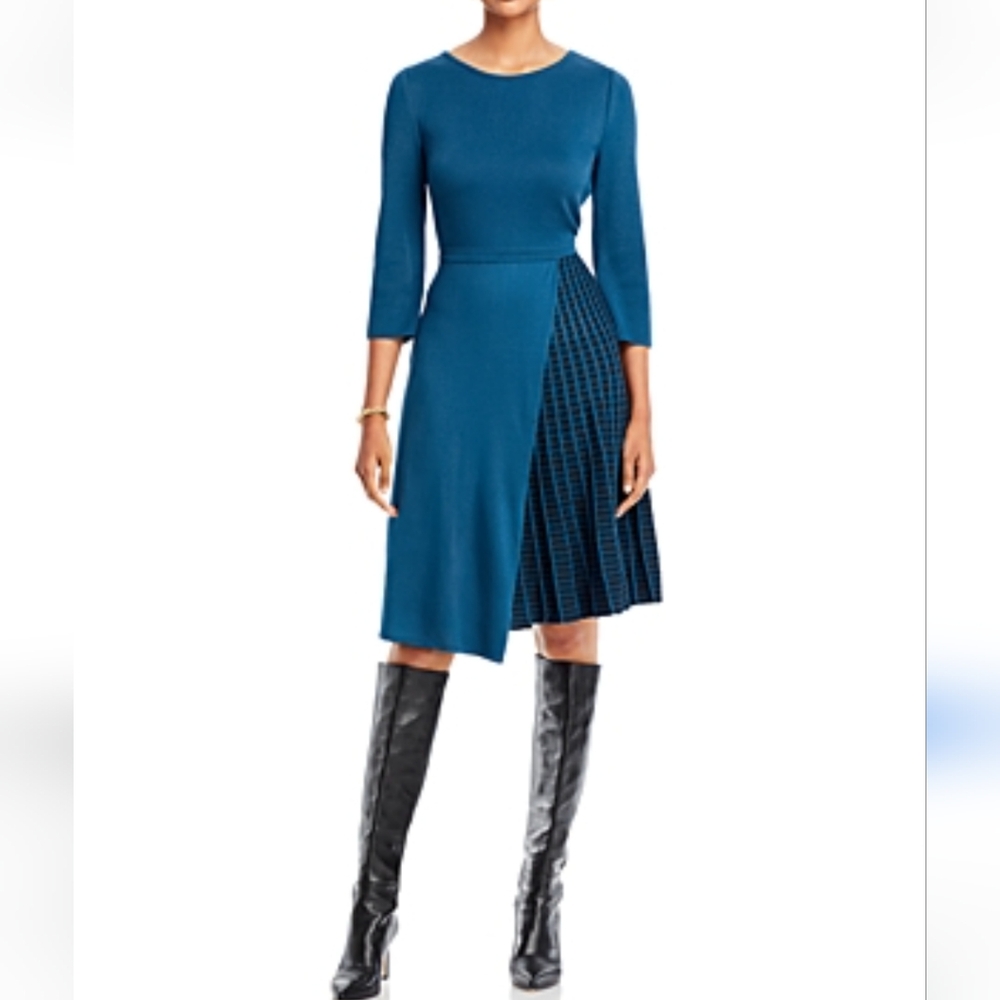 Misook Side Pleated Dress in Marine Teal/Black Heritage Fit...Size XL
